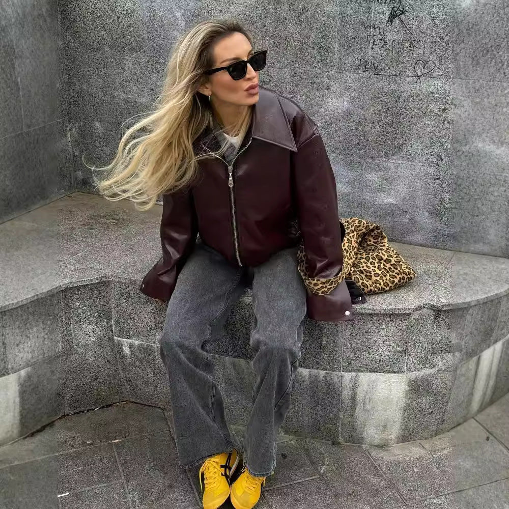 Solid Color Lapel Zipper Jacket Fashion Casual Long Sleeve 
