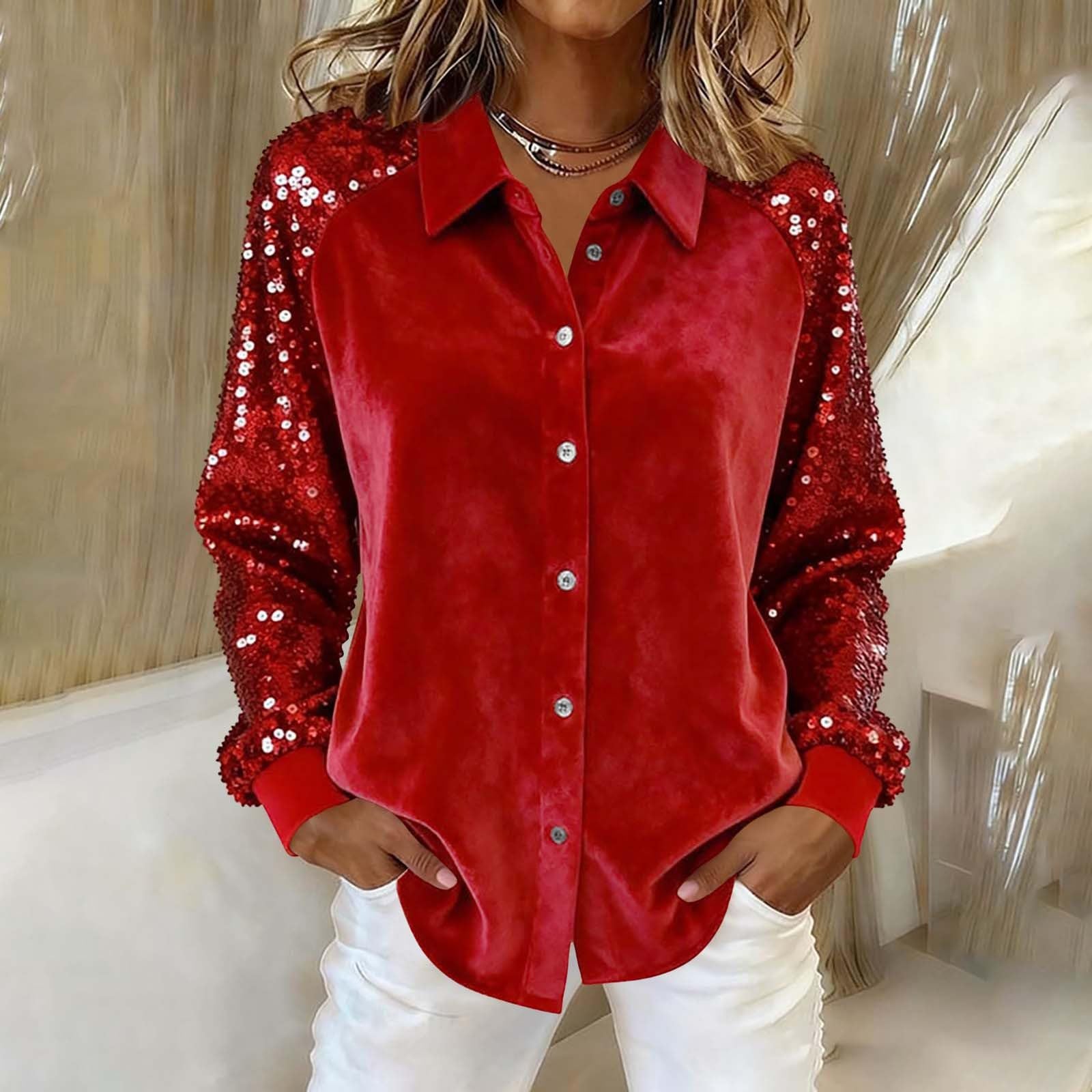 Women's Fashion Sequins Long Sleeve Blouses 
