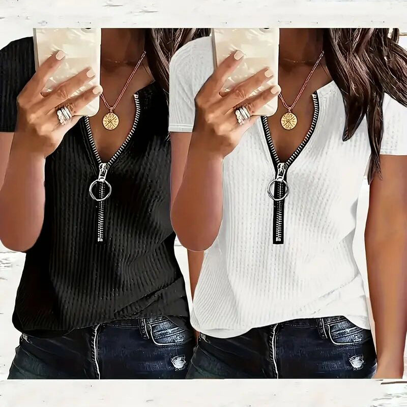2 Pack Women's Zipper V Neck Short Sleeve