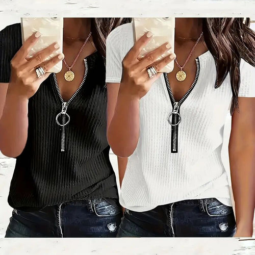 2 Pack Women's Zipper V Neck Short Sleeve