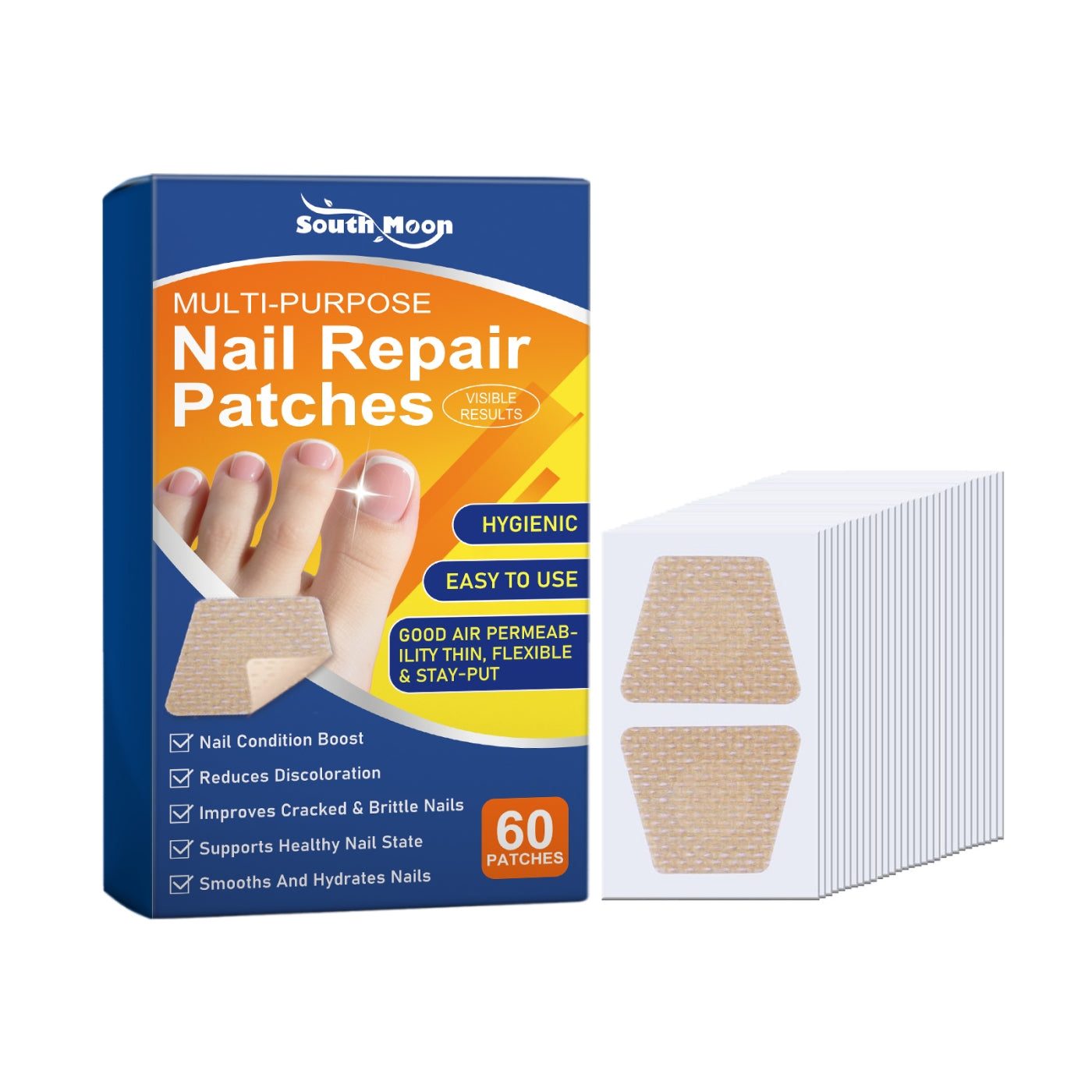 Nail repair patches packaging showing multi-purpose use for healthy nails and improved appearance.