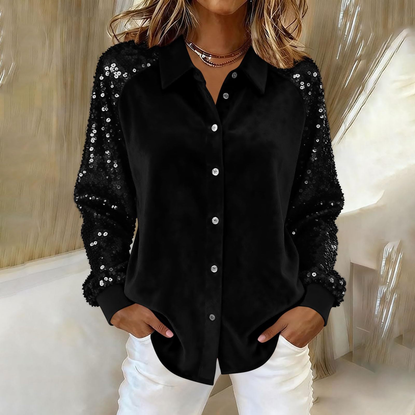 Women's Fashion Sequins Long Sleeve Blouses 