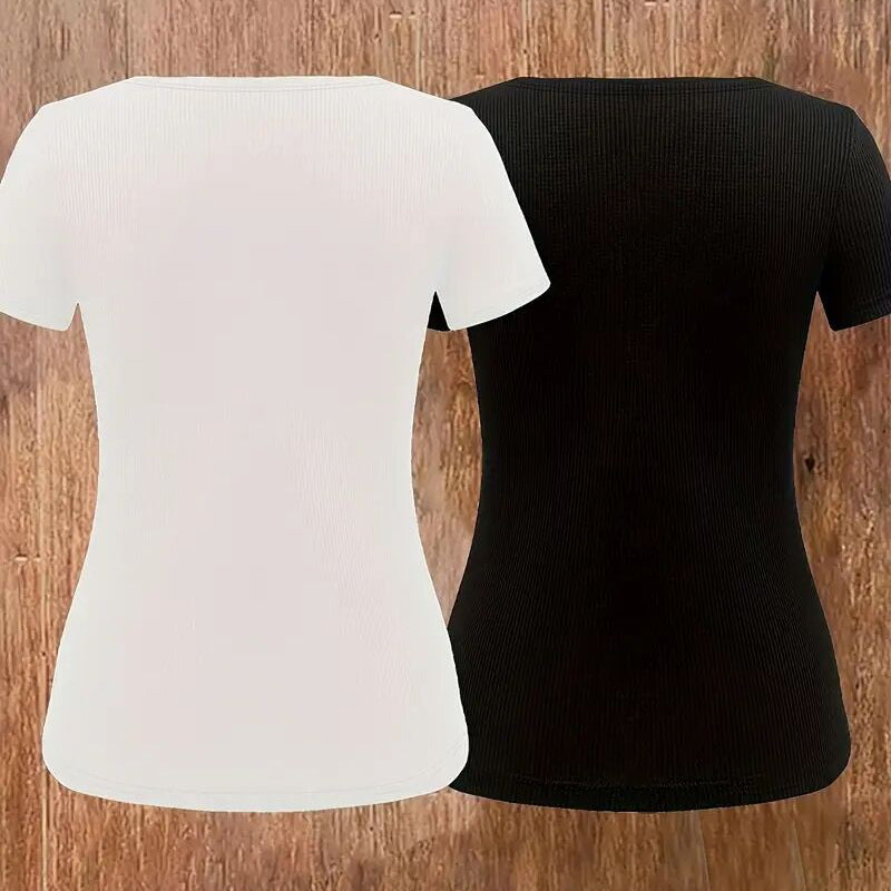 2 Pack Women's Zipper V Neck Short Sleeve