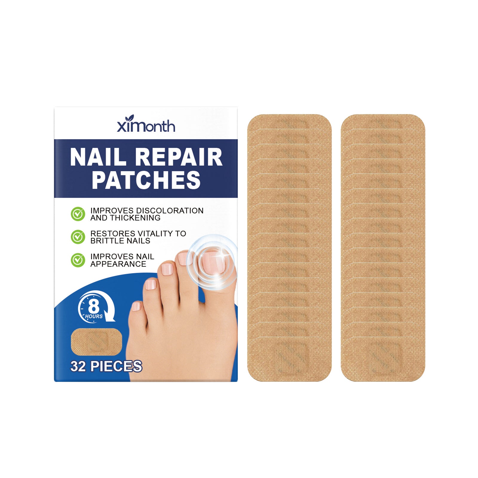 Nail care patch with vitamin E designed to nourish and rejuvenate nails, includes 32 pieces for complete care.