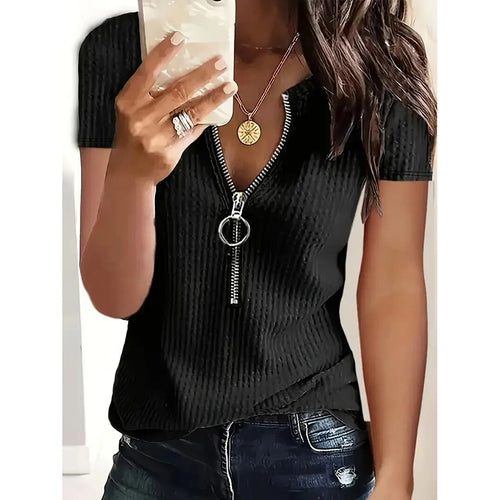 2 Pack Women's Zipper V Neck Short Sleeve