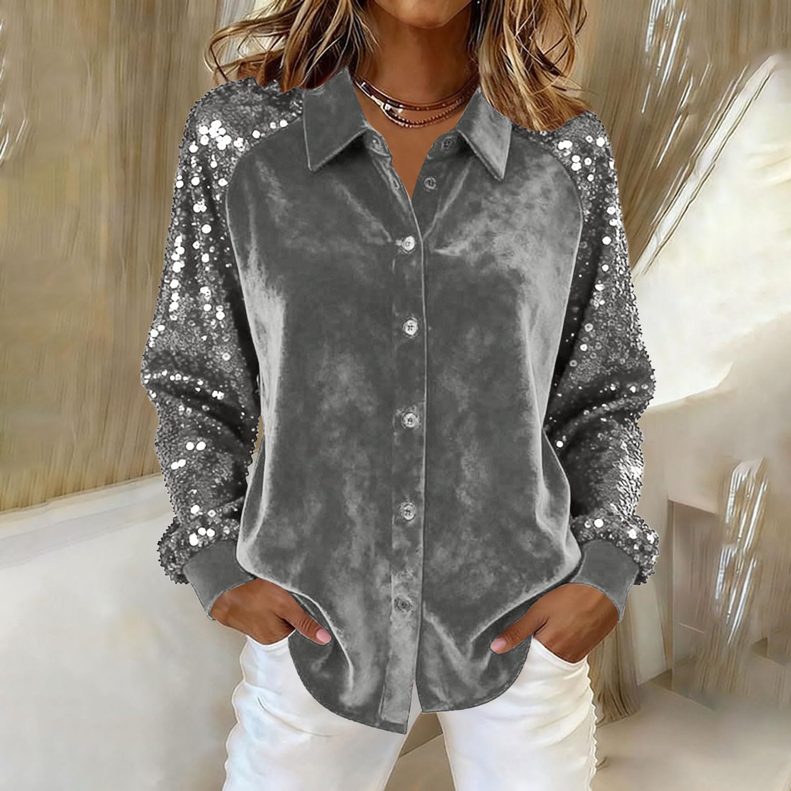 Women's Fashion Sequins Long Sleeve Blouses 