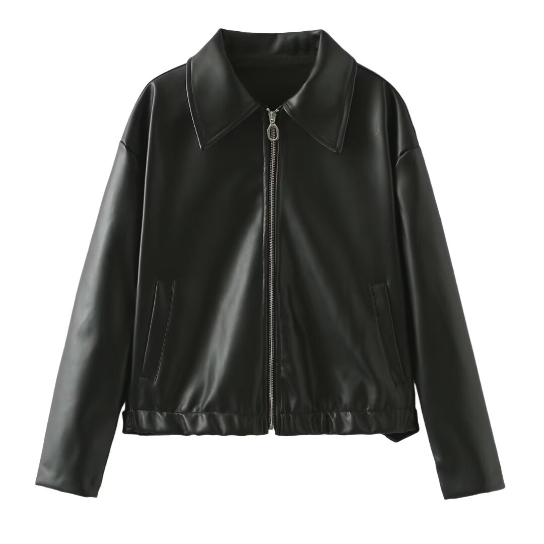 Solid Color Lapel Zipper Jacket Fashion Casual Long Sleeve 