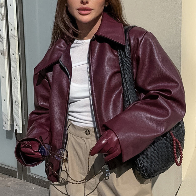 Solid Color Lapel Zipper Jacket Fashion Casual Long Sleeve 