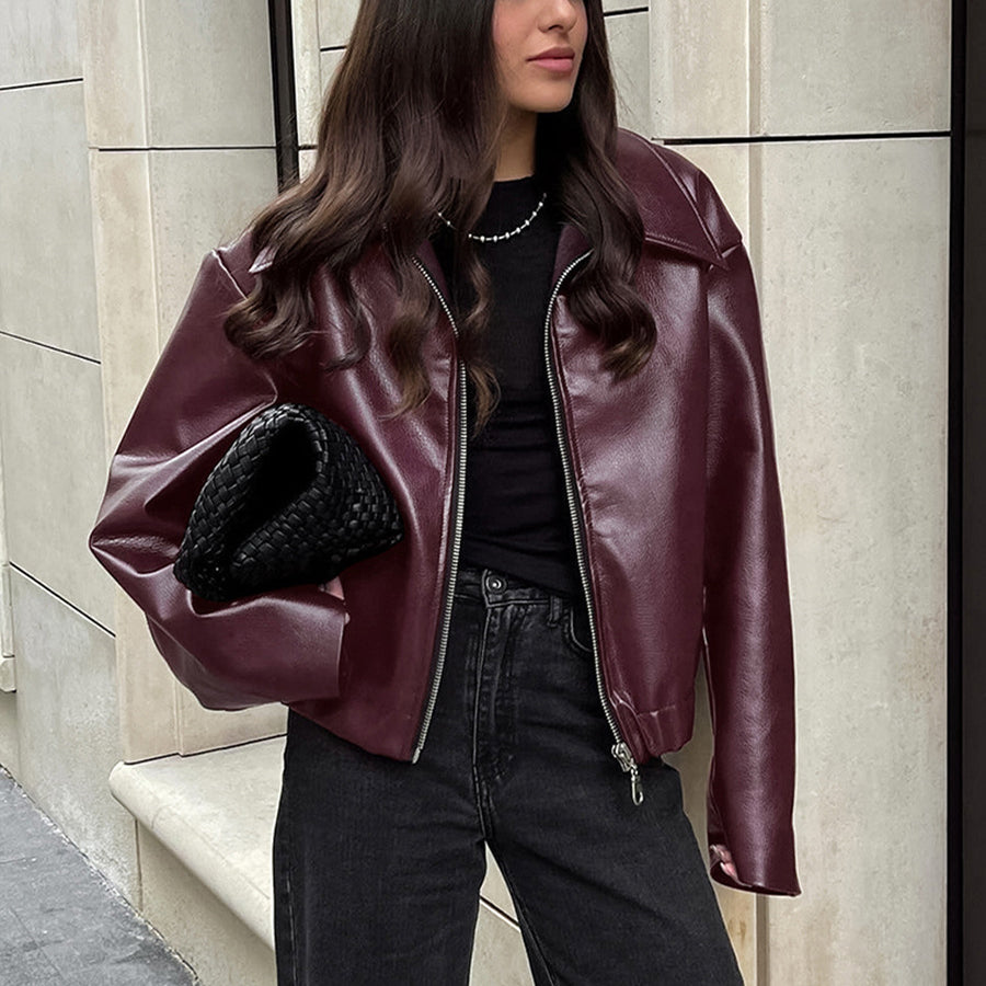 Solid Color Lapel Zipper Jacket Fashion Casual Long Sleeve 