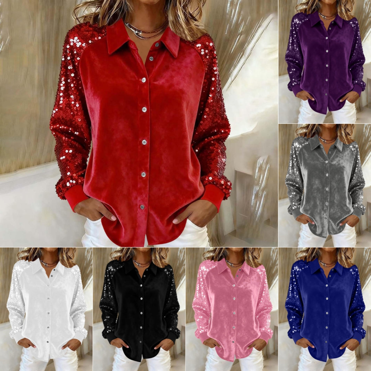 Women's Fashion Sequins Long Sleeve Blouses 
